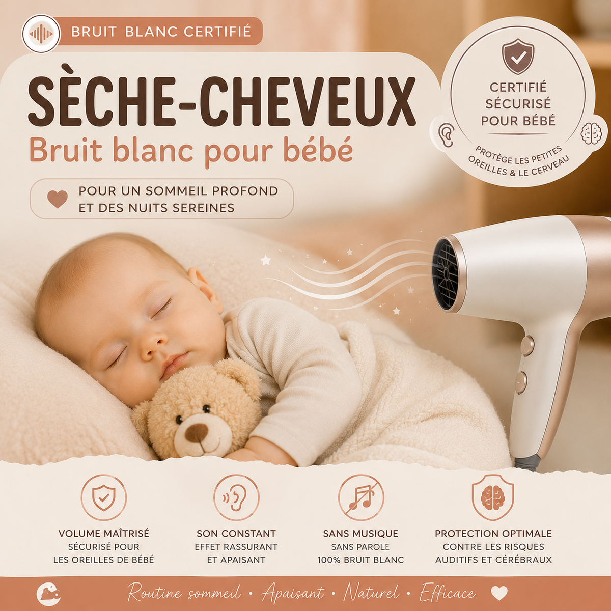 Bruit Blanc Sèche-Cheveux pour Bébé – Audio Premium Certifié | Un Son Doux et Constant pour Favoriser le Sommeil