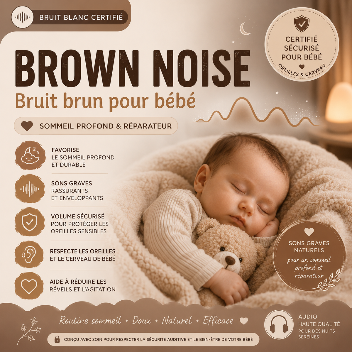 Brown Noise pour Bébé – Audio Premium Certifié | Un Son Profond et Enveloppant pour un Sommeil Plus Paisible