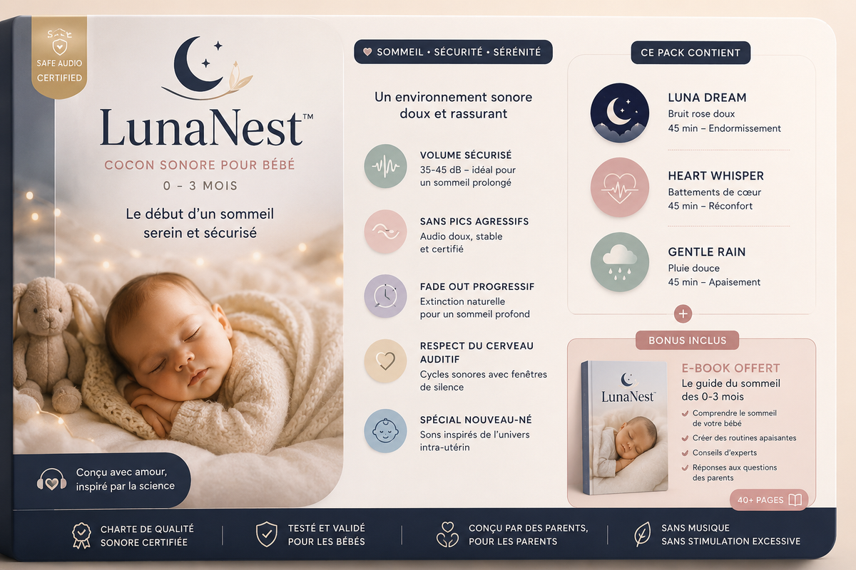 LunaNest™ — Cocon sonore apaisant pour bébé 0–3 mois • Audio sécurisé & sommeil doux