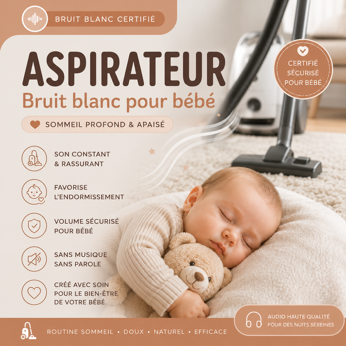 Bruit Blanc Aspirateur pour Bébé – Audio Premium Certifié | Un Son Familier pour un Endormissement Plus Serein