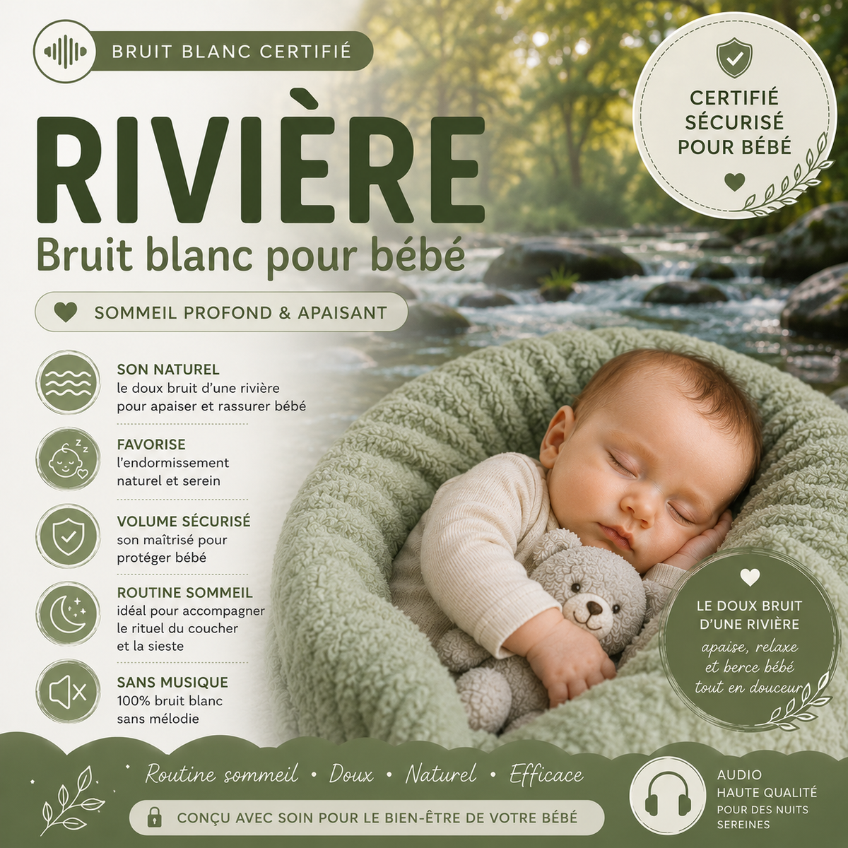 Bruit Blanc Rivière pour Bébé – Audio Premium Certifié | Le Murmure Apaisant de la Nature pour un Sommeil Plus Doux