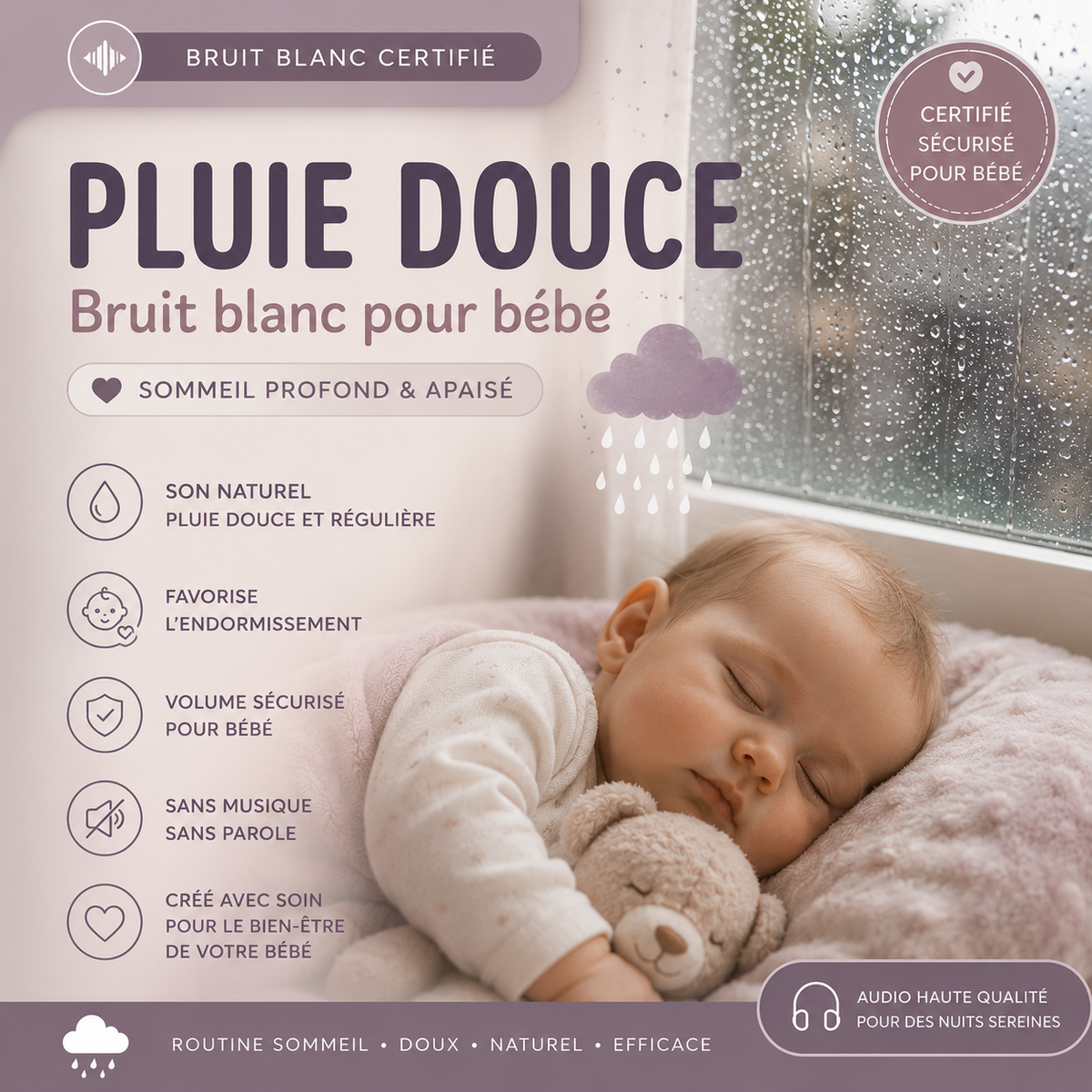 Bruit Blanc Pluie Douce pour Bébé – Audio Premium Certifié | Une Ambiance Naturelle pour des Nuits Plus Sereines